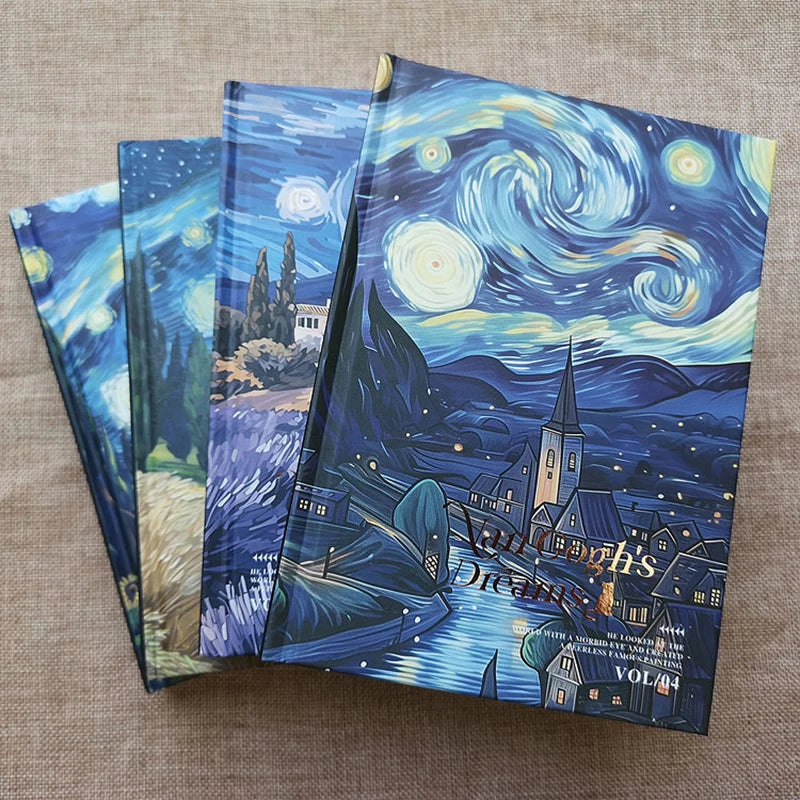 Van Gogh's Dream Starry Sky Notebook Full Color Page Fun Cartoon Kitten Illustration Diary 146 Pages Thickened Notepad