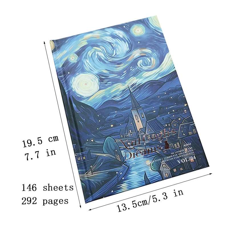 Van Gogh's Dream Starry Sky Notebook Full Color Page Fun Cartoon Kitten Illustration Diary 146 Pages Thickened Notepad