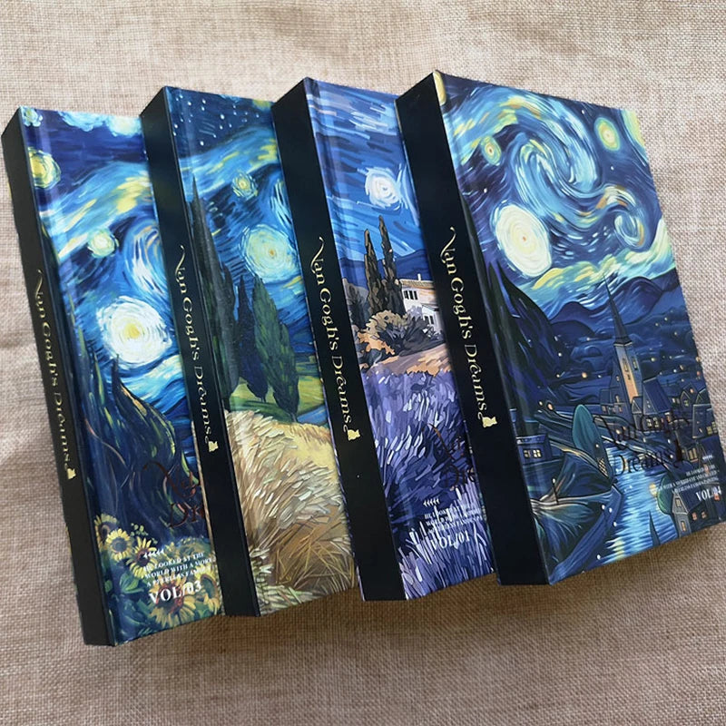 Van Gogh's Dream Starry Sky Notebook Full Color Page Fun Cartoon Kitten Illustration Diary 146 Pages Thickened Notepad