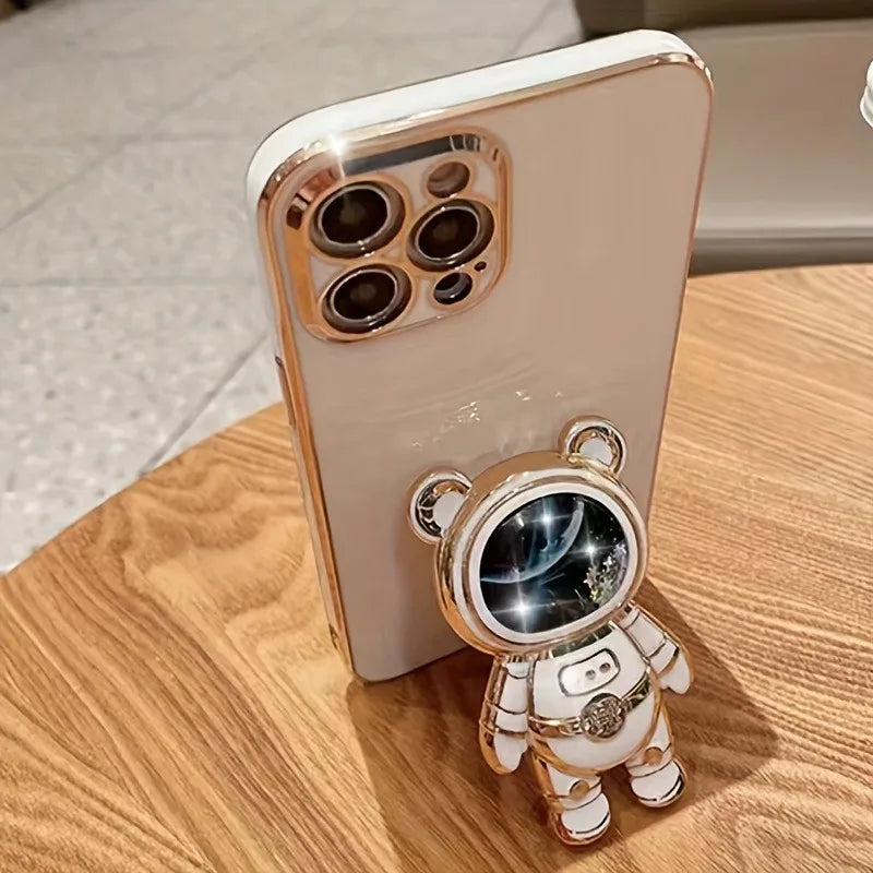 1Pc Quicksand Mobile Phone Holder Astronaut Space Bear Desktop Foldable Stand Cartoon Lazy Back-mounted Mobile Phone Case Holder