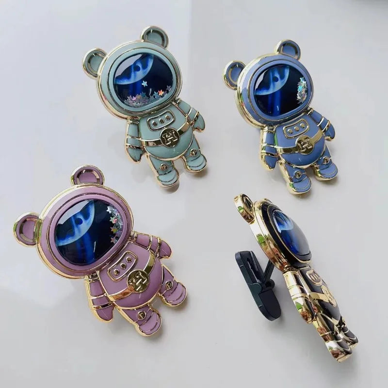 1Pc Quicksand Mobile Phone Holder Astronaut Space Bear Desktop Foldable Stand Cartoon Lazy Back-mounted Mobile Phone Case Holder
