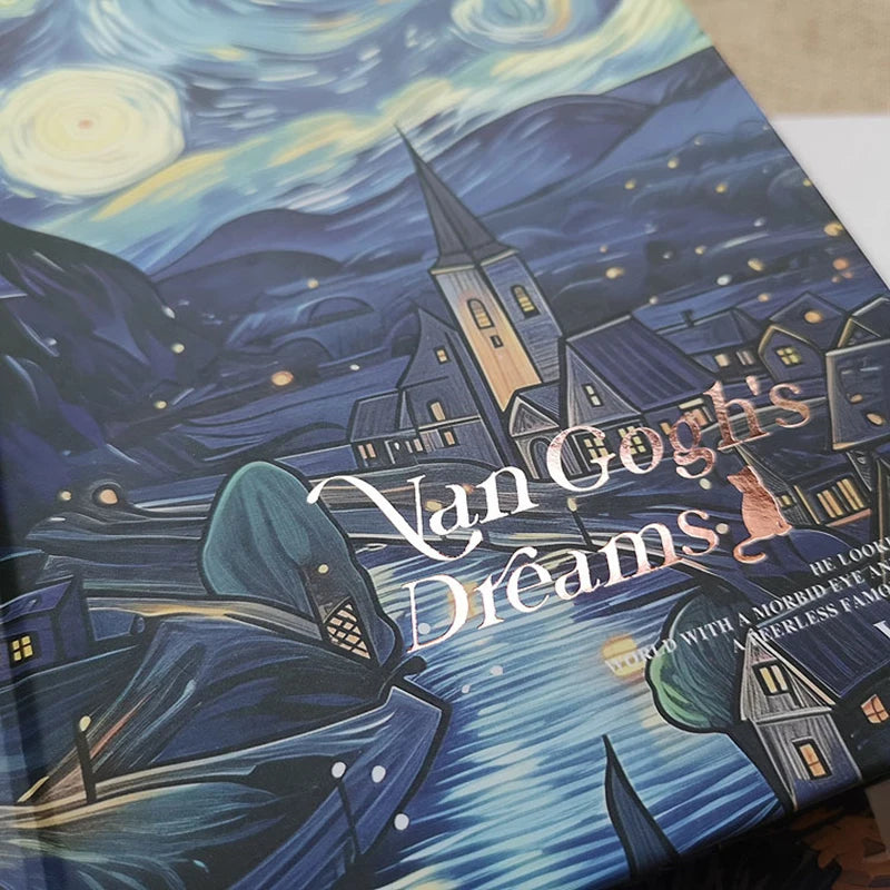 Van Gogh's Dream Starry Sky Notebook Full Color Page Fun Cartoon Kitten Illustration Diary 146 Pages Thickened Notepad